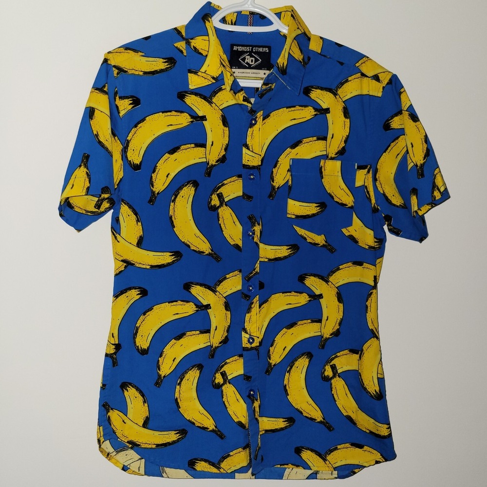 Amongst Others Button Up Shirt Men's Size Small Bananas AOP Blue Yellow‎